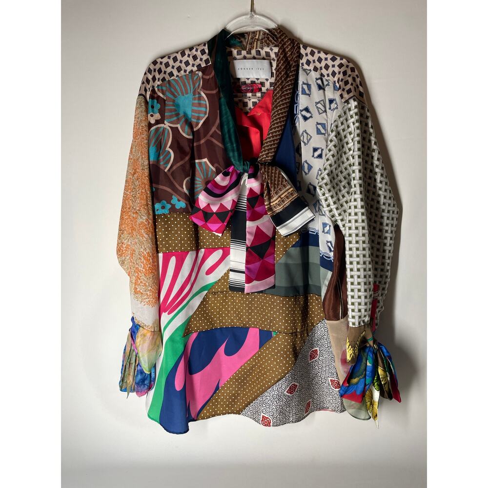Conner Ives Multicolor Patchwork Silk-Blend Blouse with Tie Neck
